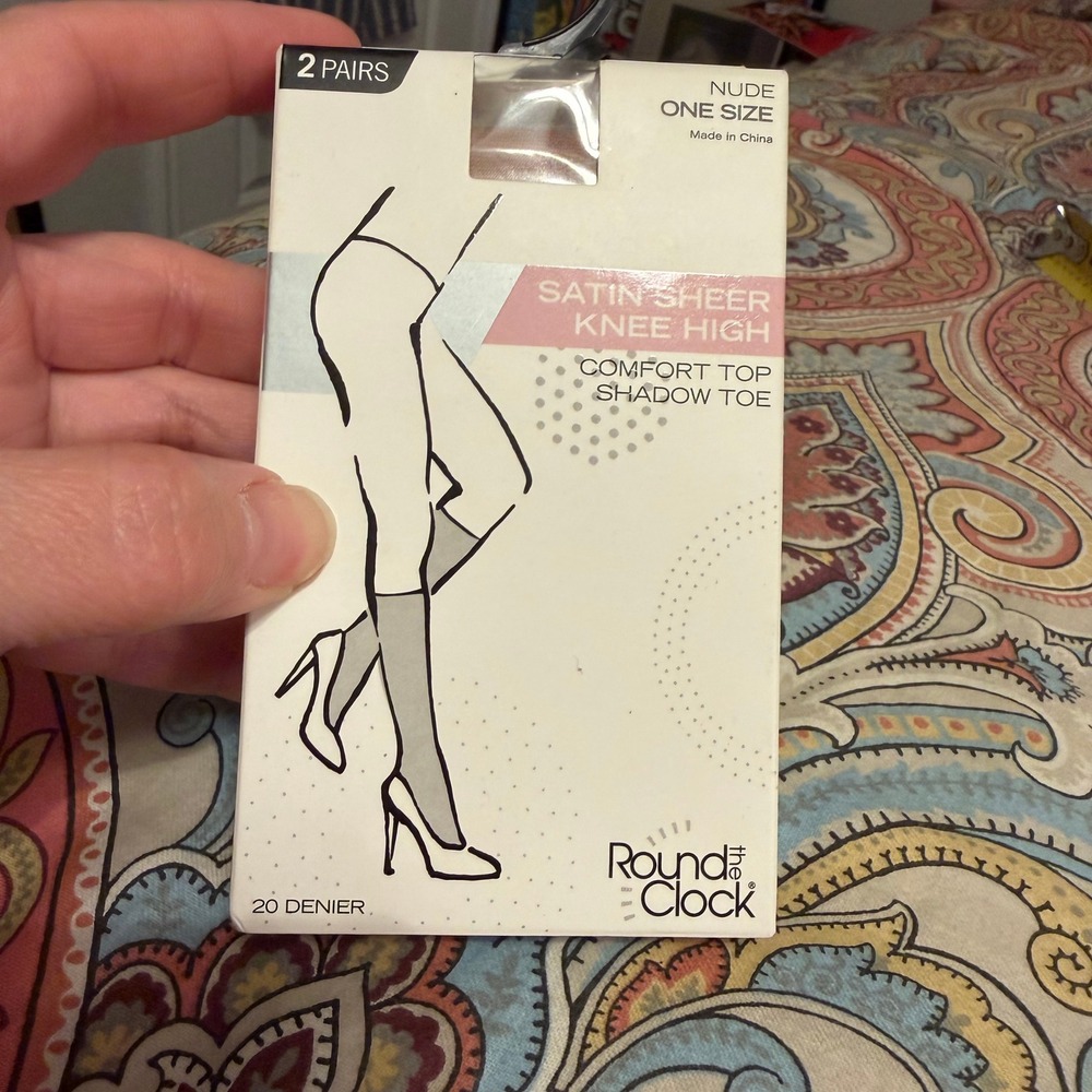 Round the Clock 2 Pairs Nude Satin Sheer Knee High Stockings One Size 20 Denier‎